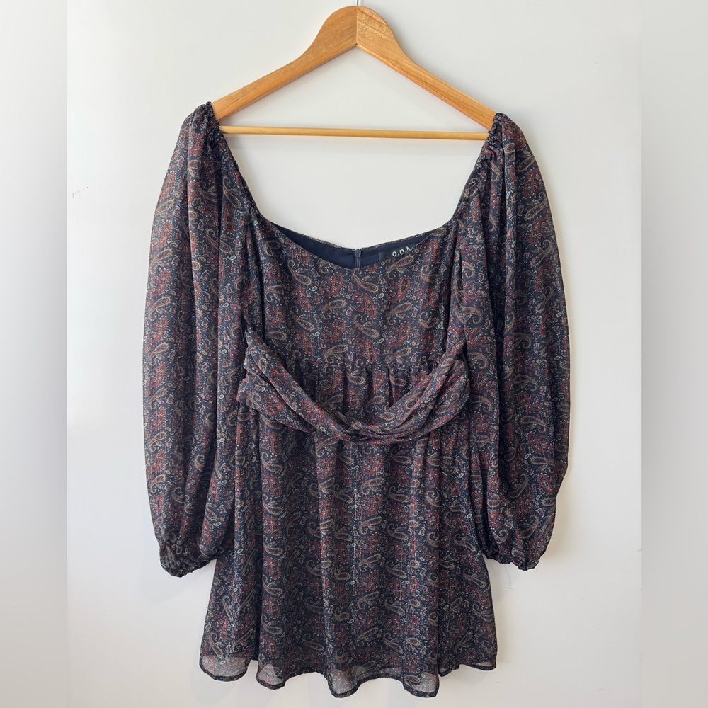 O.P.T West Paisley Print Long Sleeve‎ Squareneck Mini Dress Women's Size Medium - Picture 2 of 8